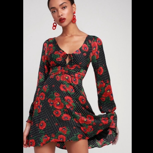 ♥️Free People Floral Polka Dot Long Sleeve Dress Valentines Day Sexy Feminine S - Picture 6 of 10